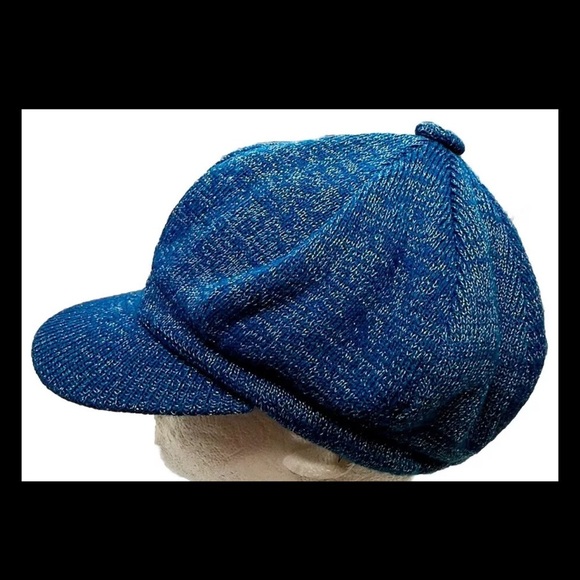 Women’s Shimmery Knit Winter Newsboy Cap Hat Blue Silver Lined Elastic Back - Picture 6 of 8